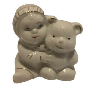 Vtg GOT Porcelain Baby Girl Holding Teddy Bear Figurine Decor 3” Gold Gilding‎